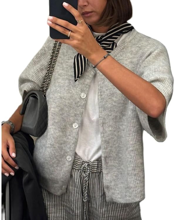 KMBANGI Women Knitted Cropped Blouse Short Sleeve Button Knit Shirt Crop Cardigan Y2k Open Front ... | Amazon (US)