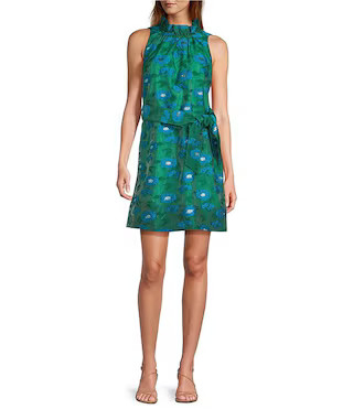 Betty Ruffle Mock Neck Tie Waist Floral Mini Dress | Dillard's