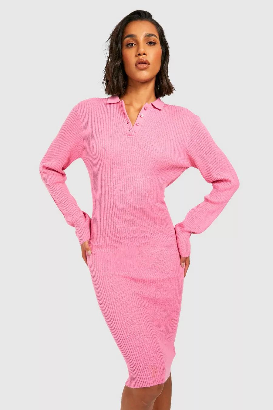 Polo Collar Rib Knit Midi Dress | Boohoo.com (US & CA)
