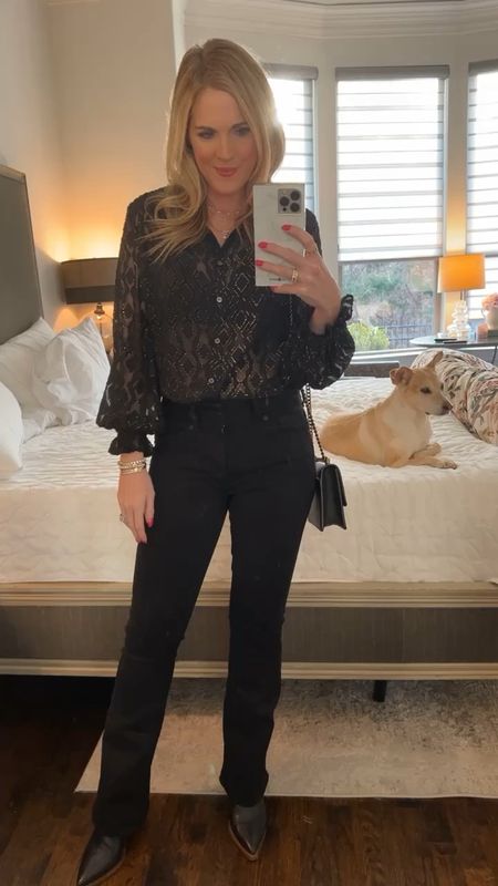 All black winter look 
Vincent Camuto top
Black sheer blouse 
Gold and black blouse 
Black bootcut jeans 
AE jeans 
Black booties 
Kurt Keiger bag 
Black crossbody bag 

#LTKsalealert #LTKfindsunder50 #LTKitbag