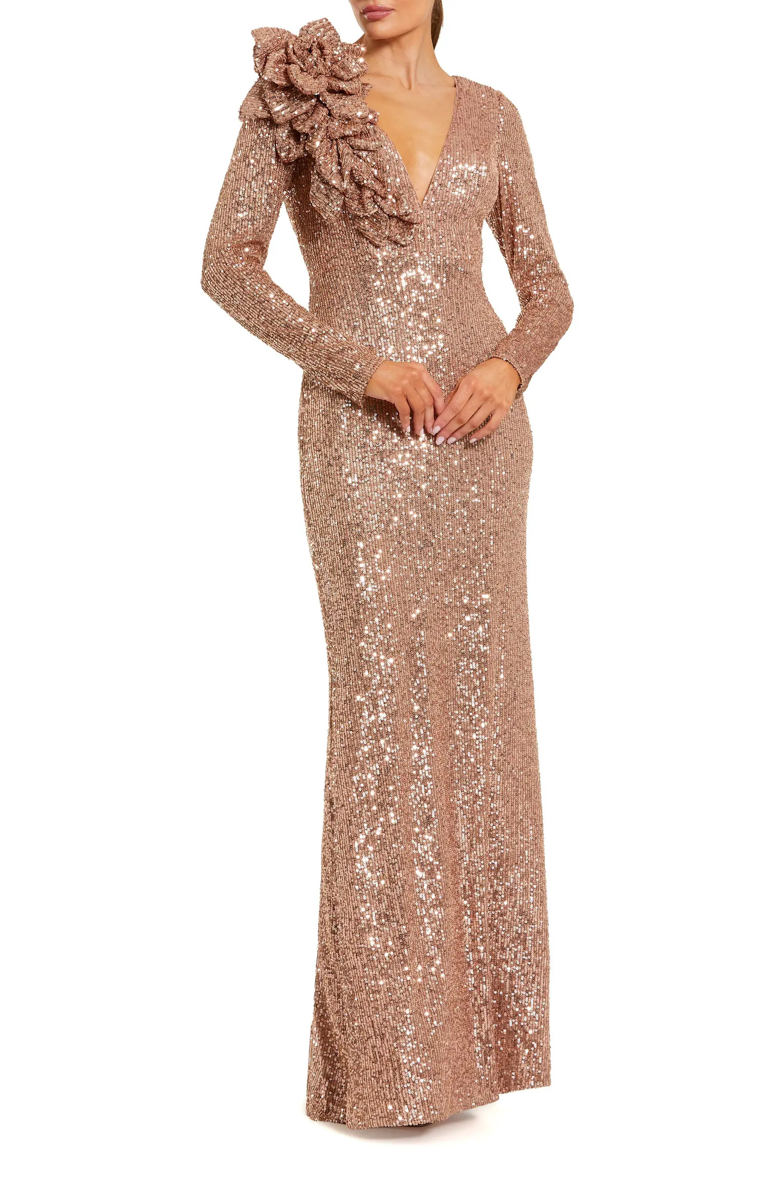 V-Neck Long Sleeve 3D Floral Sequin Gown | Nordstrom