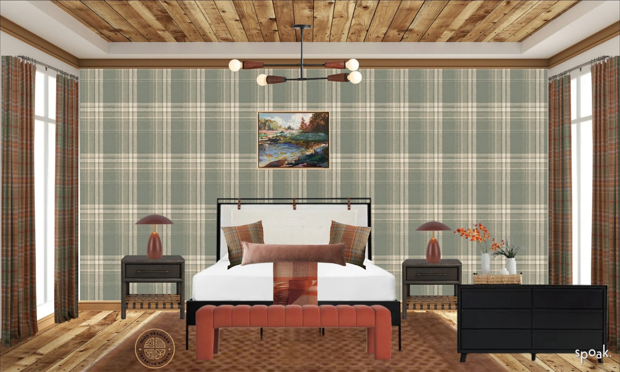 Gorgeous Fall-inspired bedroom with plaid wallpaper and curtains, beautiful bed from McGee & Co. Rust color wool rug from West Elm, black dresser, wool paid throw, wall art from Minted and a gorgeous pendant from Rejuvenation. #homedecor #falldecor 

#LTKStyleTip #LTKSeasonal #LTKHome