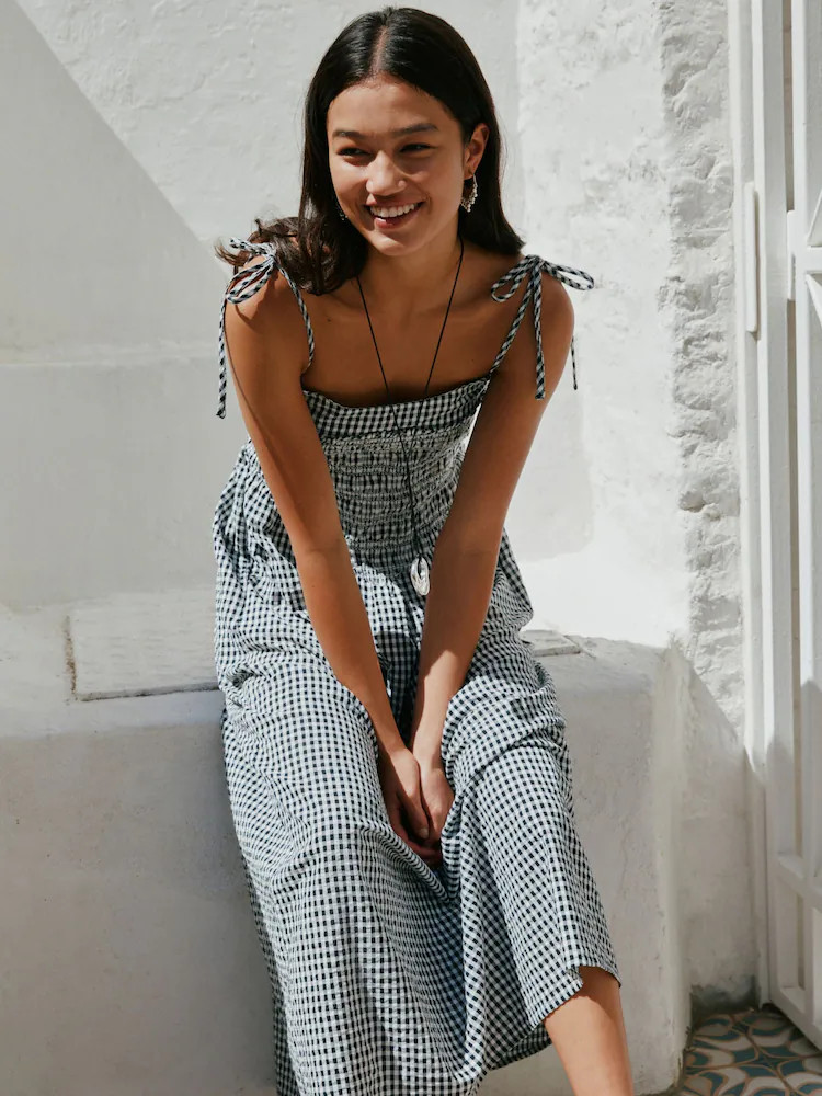 Buy Black/White Gingham Tie Shoulder Midi Summer Dress from Next United Arab Emirates | Next UAE