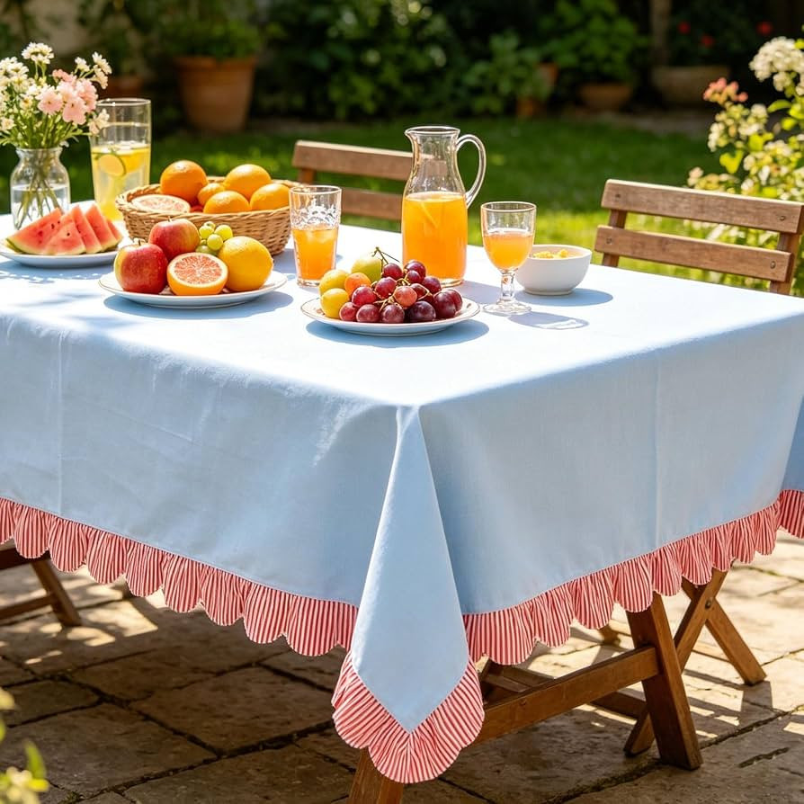 JarThenaAMCS Scalloped Tablecloth Blue Table Cloth with Red White Stripe Edge Rectangle Decorativ... | Amazon (US)