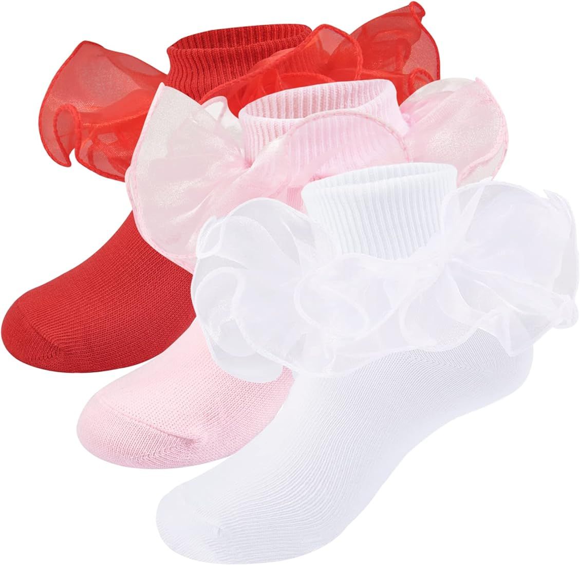 Mini angel Girls Ruffle Socks Frilly Double Lace Socks Cotton Turn Cuff Socks Toddler Pageant Soc... | Amazon (US)
