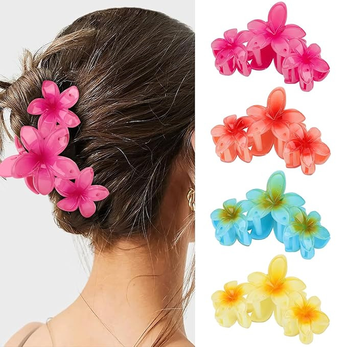 Flower Hair Claw Clips - 4PCS Glossy Hawaiian Clips for Thick and Thin Hair, Non-Slip Strong Hold... | Amazon (US)