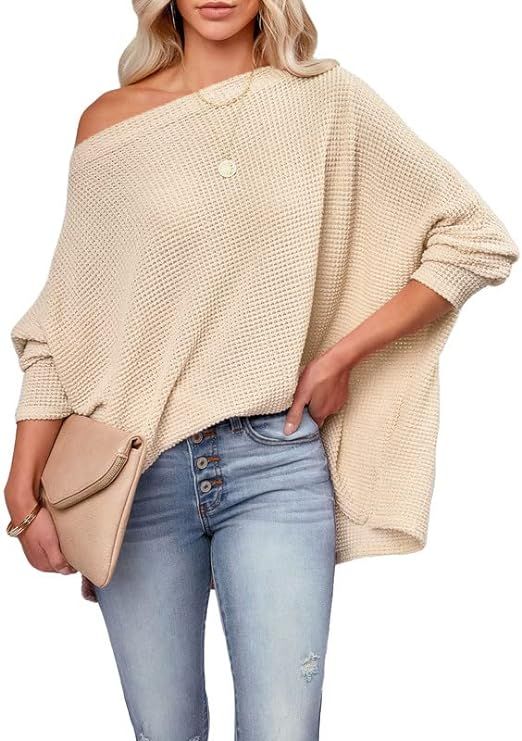 Dokotoo Women's Casual Boat Neck Off The Shoulder Long Sleeve Waffle Knit Loose Tunic Tops Blouse... | Amazon (US)