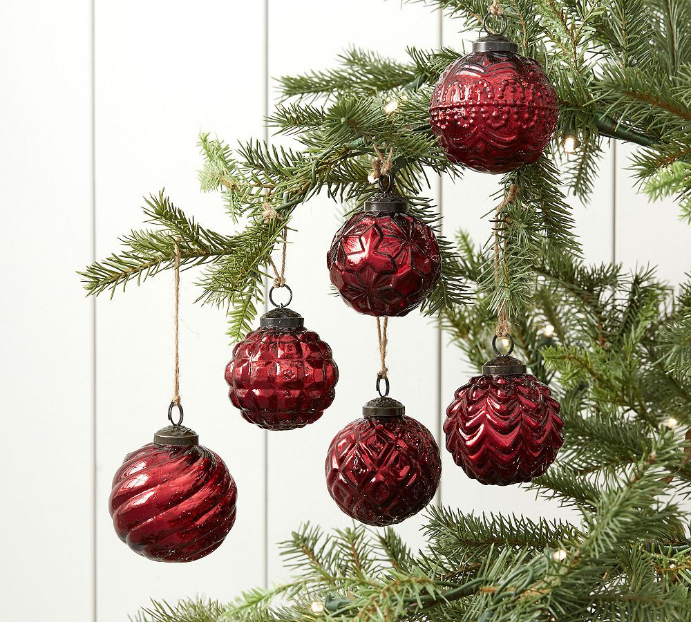 Mercury Glass Adorned Ornament Set - Red | Pottery Barn (US)