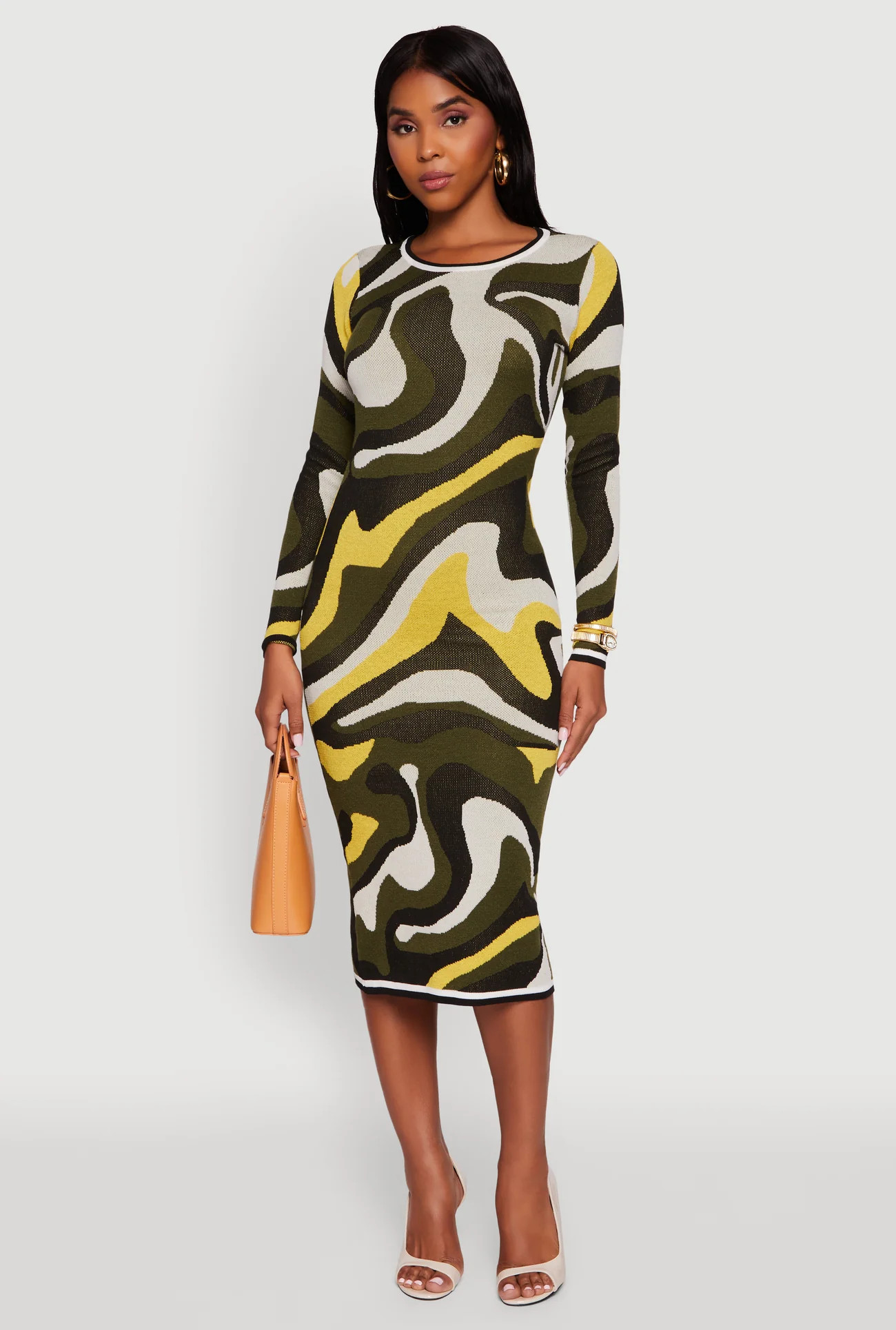 Psychedelic Swirl Long Sleeve Crew Neck Midi Dress | Rainbow Shops