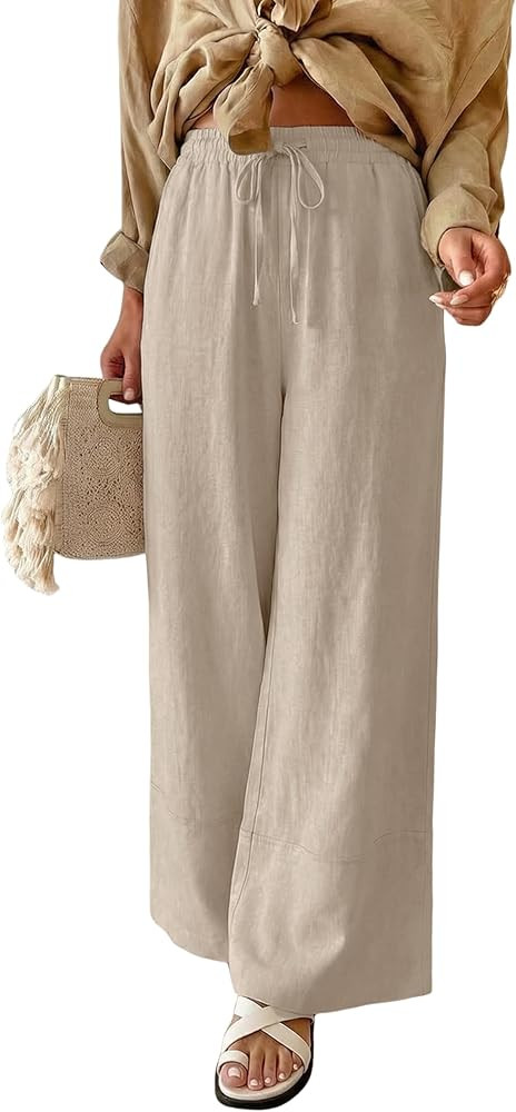 Athlisan Womens Cotton Linen Palazzo Pants Flowy Wide Leg Lounge Trousers Beach Travel Vacation O... | Amazon (US)