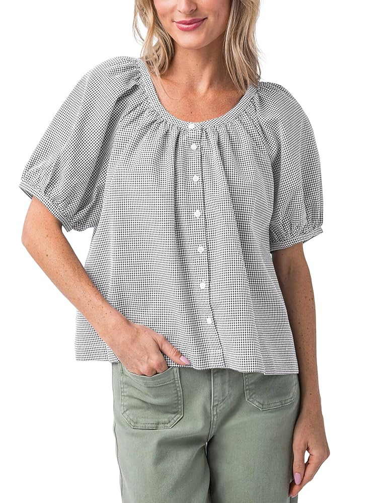 Tanming Womens Summer Plaid Button Down Shirts Short Puff Sleeve Cotton Crew Neck Gingham Blouses... | Amazon (US)