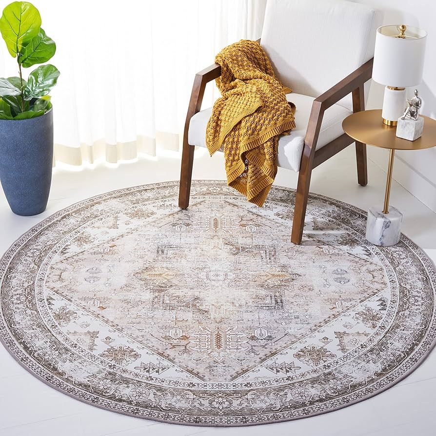 SAFAVIEH Tucson Collection Area Rug - 8' Round, Beige & Grey, Persian Medallion Design, Non-Shedd... | Amazon (US)