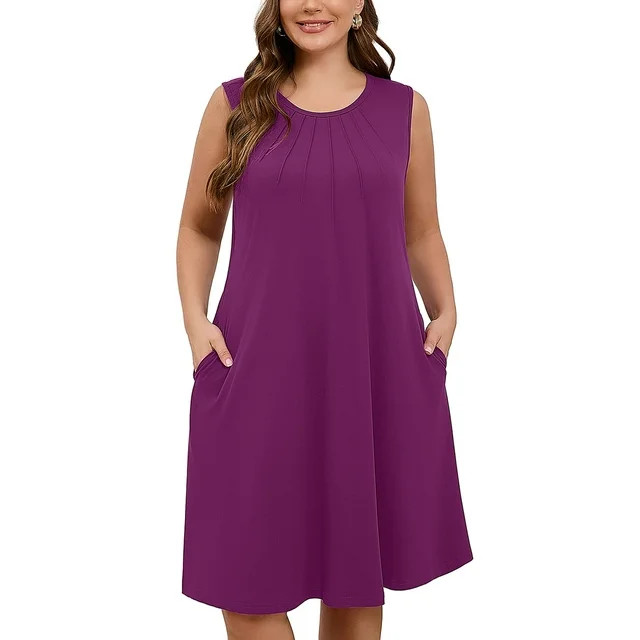 SHOWMALL Women's Plus Sundress Summer Casual Crew Neck Sleeveless Tank Dress 3X Purple - Walmart.... | Walmart (US)