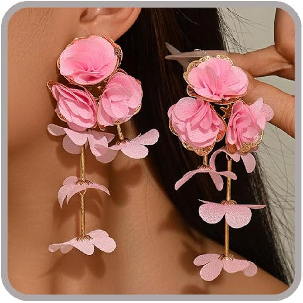 Colorful Flower Earrings for Women Long Fabric Floral Drop Dangle Earring Exaggerated Oversized S... | Amazon (US)