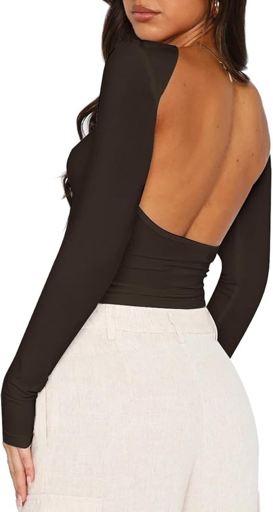 ForeFair Women Sexy Backless Short Sleeve Slim Fit Crewneck Summer Casual Y2K Crop Tee | Amazon (US)