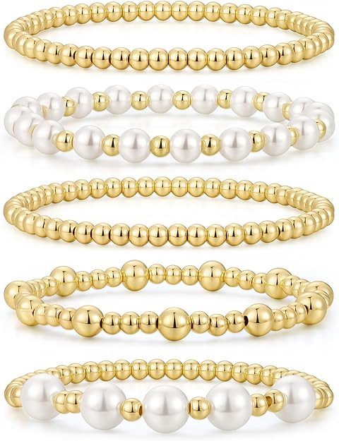 M MOOHAM Gold-Plated Beaded Bracelets for Women Teen Girls Non Tarnish - Dainty 14k-Gold-Plated P... | Amazon (US)