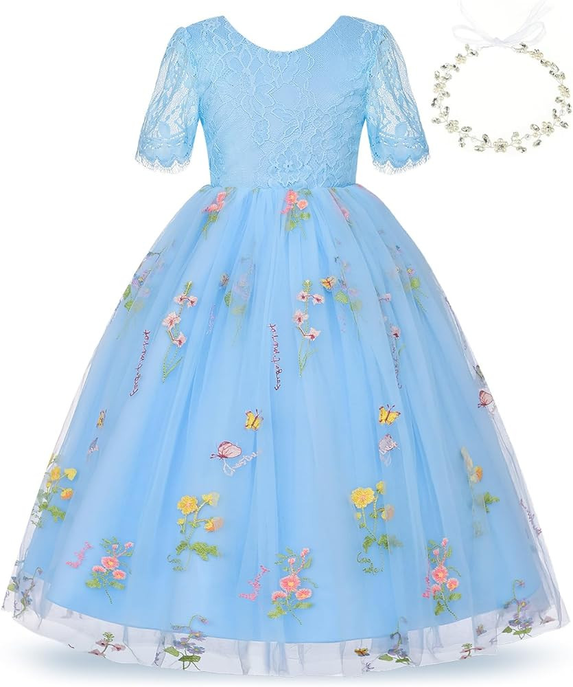 Uhnice Flower Girl Lace Tulle Dress Floral Embroidery Gown Elastic Waist with Headband for Weddin... | Amazon (US)