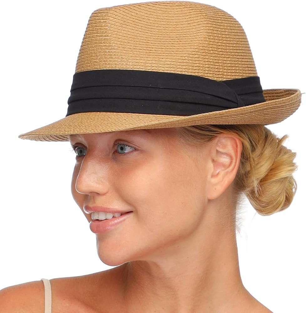 FURTALK Fedora Straw Sun Hat for Men Women Foldable Roll Up Short Brim Trilby Hat Panama Beach Ha... | Amazon (US)