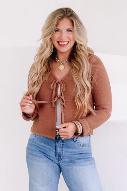 What's New Tie Front Deep Camel Long Sleeve Sweater Top | The Willow Tree
