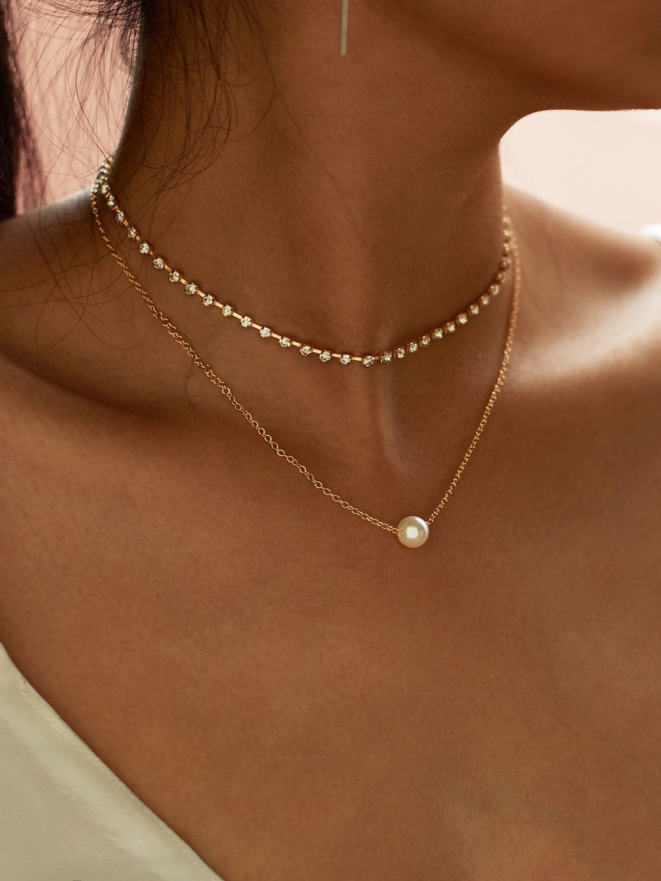 Faux Pearl Pendant Rhinestone Choker Necklace 2pcs | SHEIN