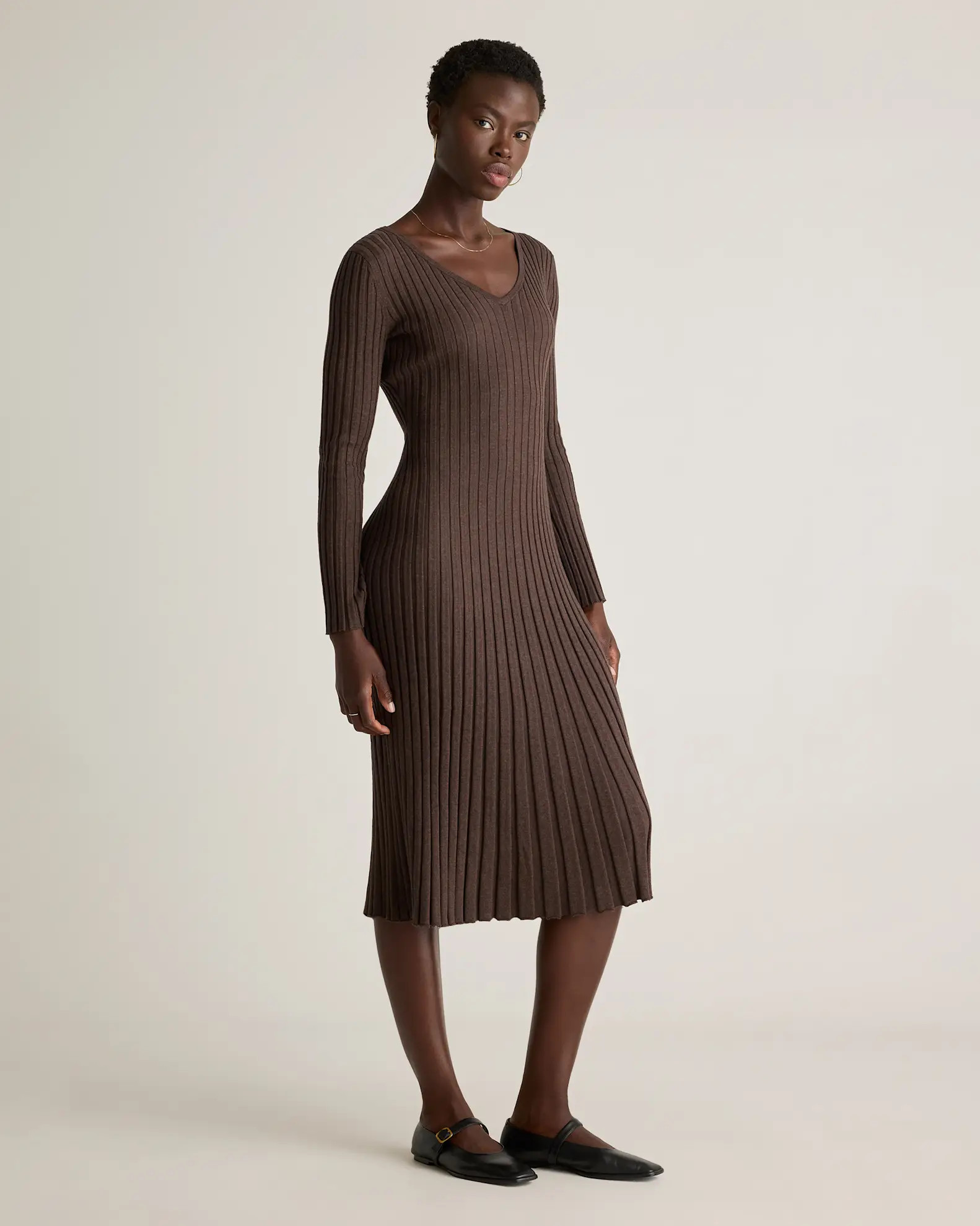 Cotton Cashmere Ribbed Long Sleeve V-Neck Midi Dress | Quince