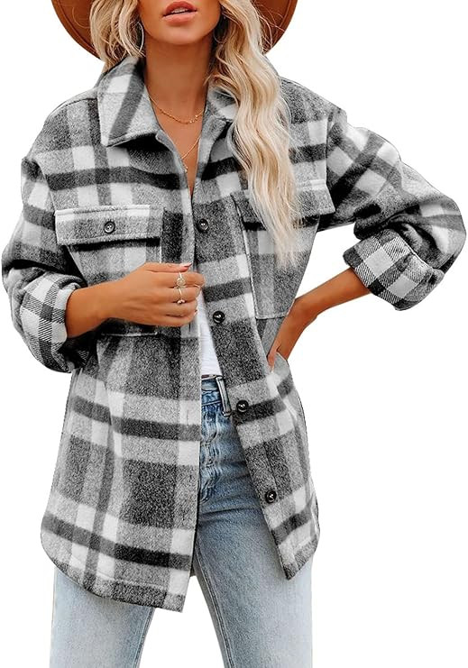 Dokotoo Womens Casual Plaid Button Down Long Sleeve Shirts Flannel Shacket Jacket Coats | Amazon (US)