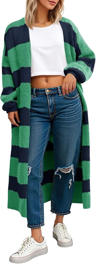 Saodimallsu Womens Striped Long Cardigan Sweaters Open Front Oversized Chunky Fuzzy Knit Fall Dus... | Amazon (US)