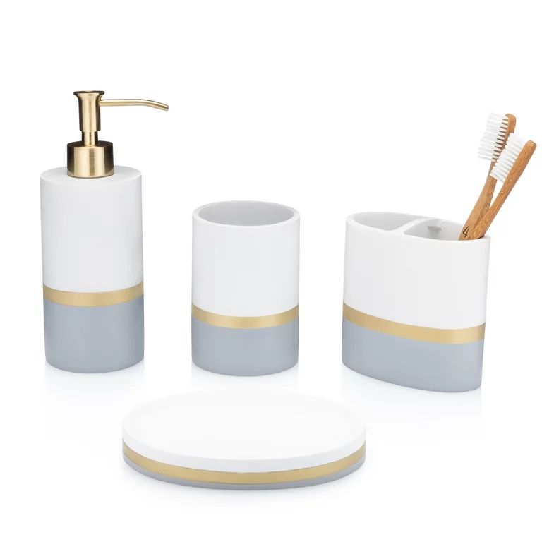 Essentra Home Day and Night Collection 4-Piece Bathroom Accessory Set White and Grey with Gold St... | Walmart (US)