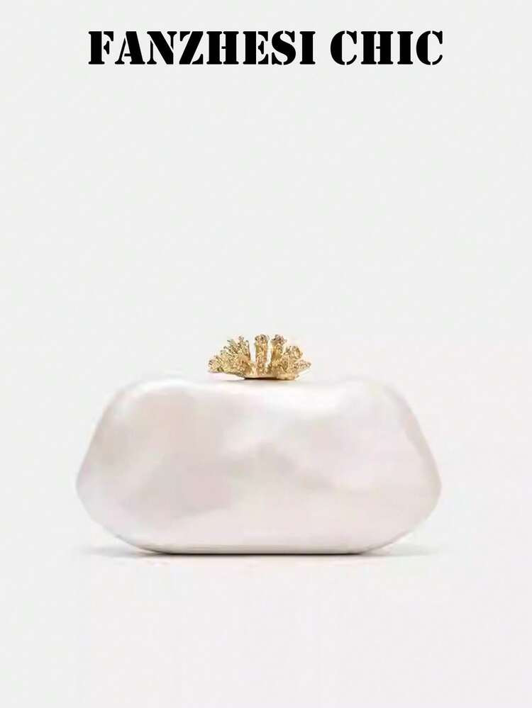 Women's Pearl White Glossy Clutch Handbag, Luxury Shell Evening Bag With Detachable Gold Chain, S... | SHEIN