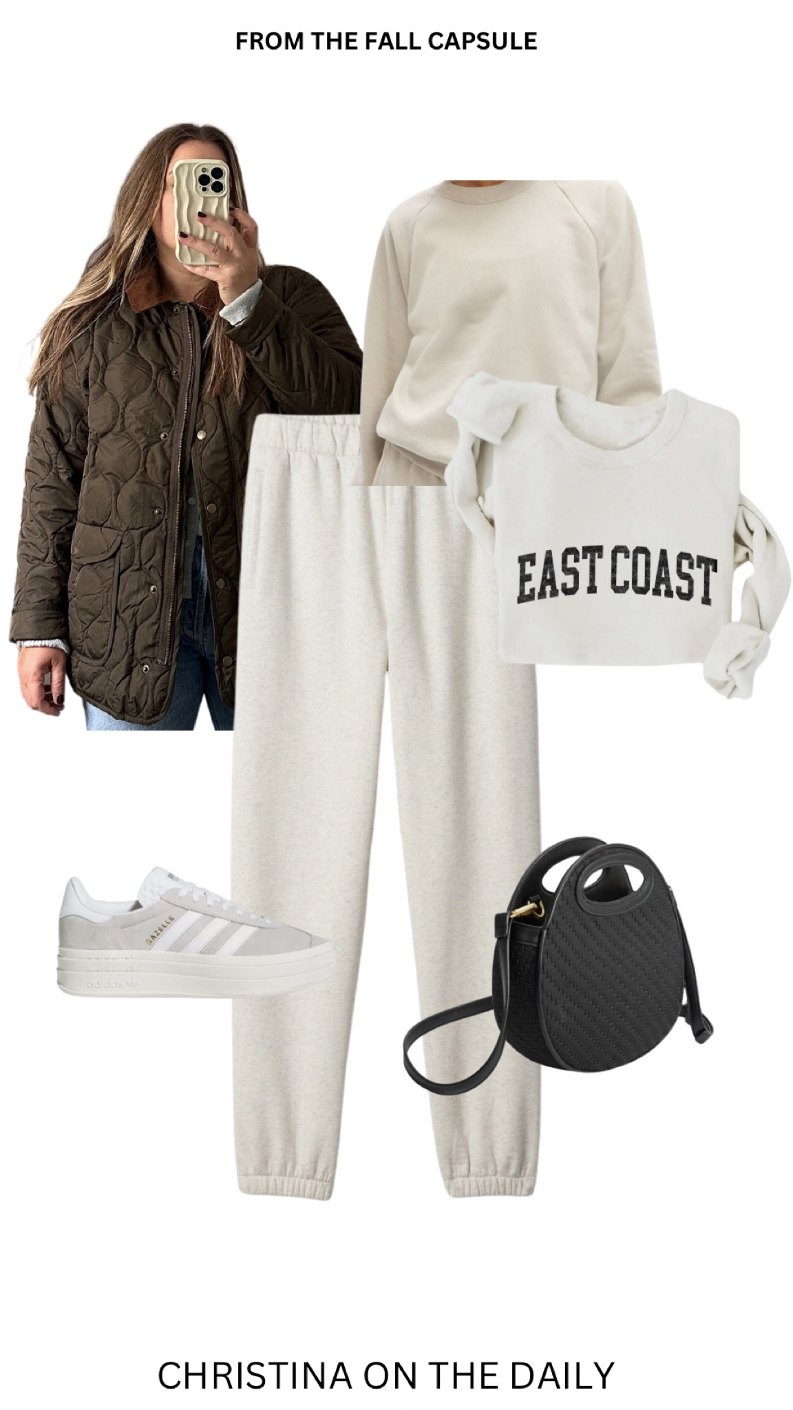 Sweat suit set is in moonstone beige. I sized down one in bottoms

east coast sweatshirt unisex sizing ( size chart on product listing) 

Shoes- size down 1/2 - 1 full size

Jacket- go with your true jacket or coat size for layering under