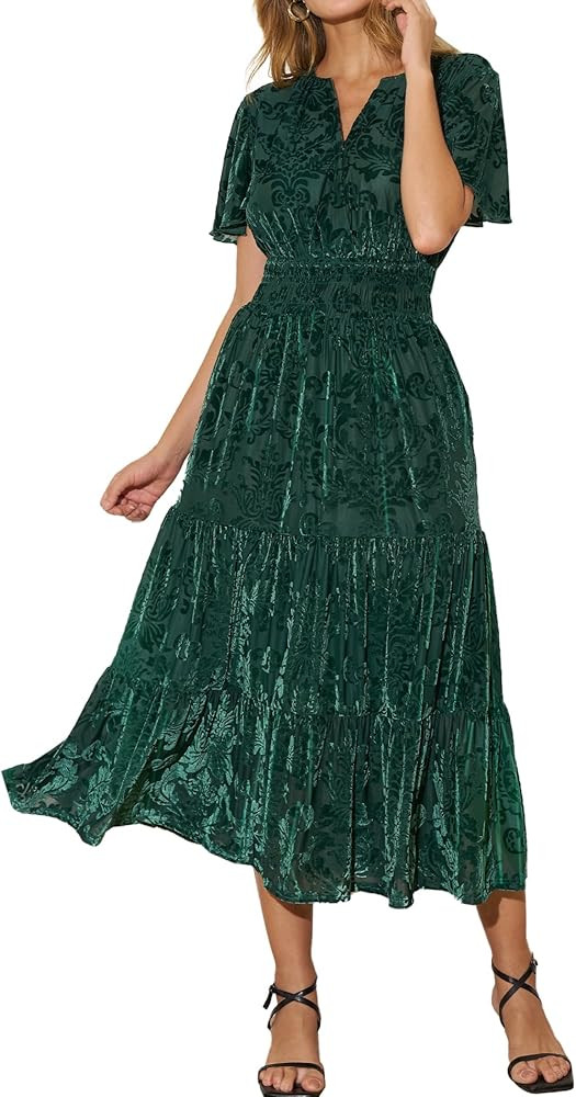 Women's Velvet Maxi Dress Floral Embossed Wedding Guest Dress Smocked Waist Formal Evening Dresse... | Amazon (US)