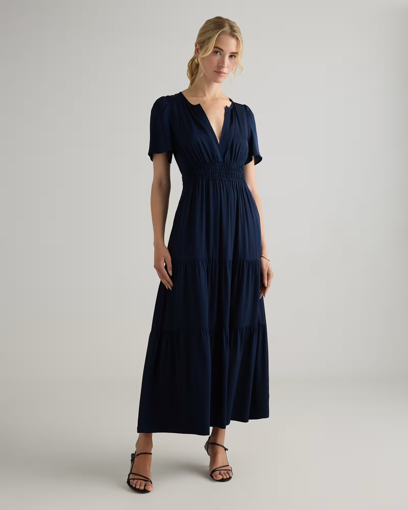 Washable Stretch Silk Tiered Maxi Dress in Navy | Quince