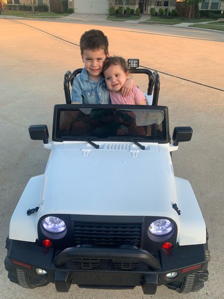 Perfect gender neutral kids Jeep! It’s really only for one child but my 4 year old son (on the smaller side) and petite 18 month old fit in it together!

We haven’t had any issue with the battery dying. We try to keep in charged in the garage for the kids to use whenever they want. We’ve had it for a year and half!

#LTKkids #LTKhome #LTKfamily