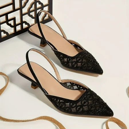 Chic & Comfortable All-Season Kitten Heels with Sparkling Rhinestones Pointed Toe and Breathable Mesh Design-黑色||35码 | Walmart (US)