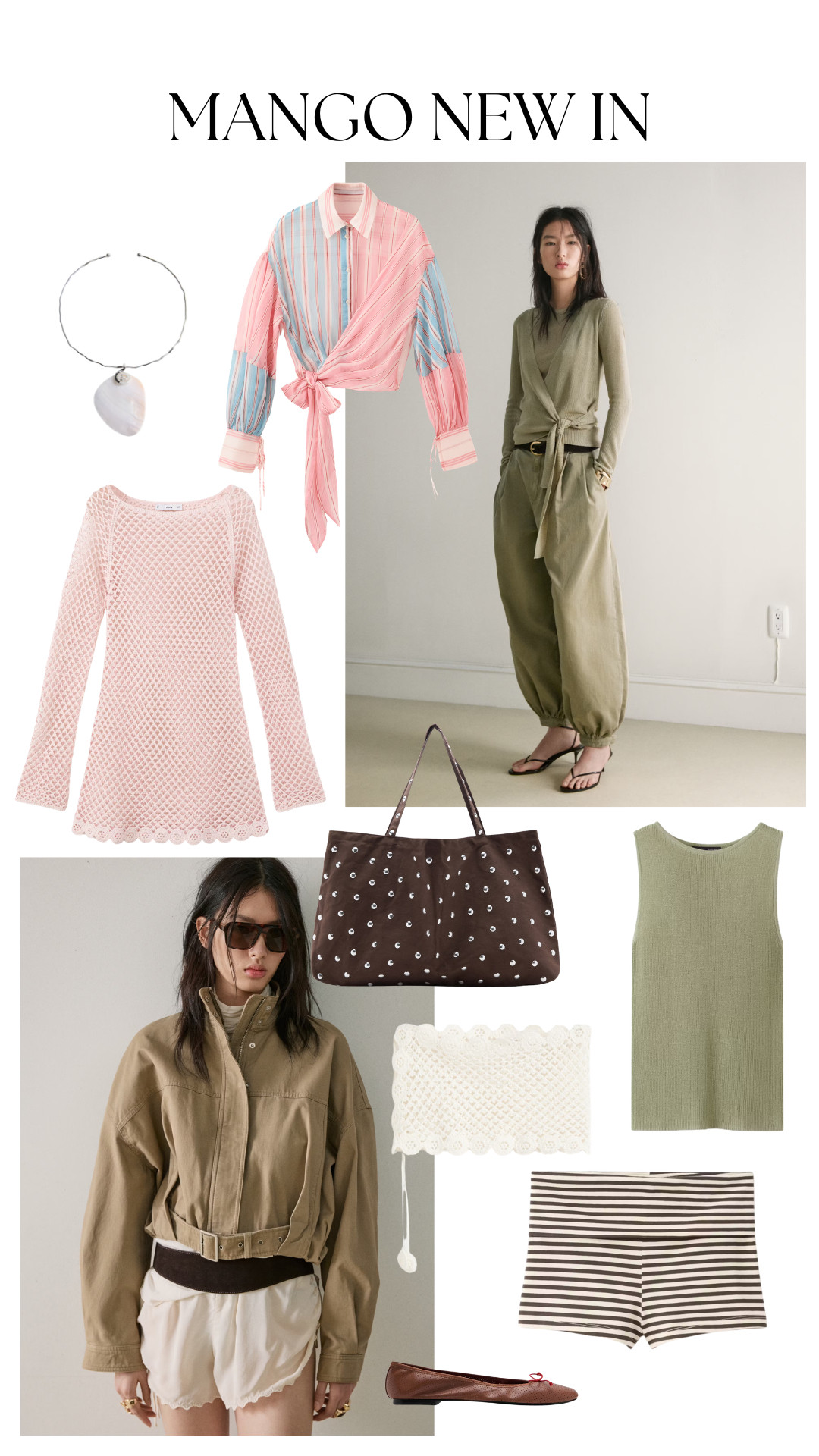 Mango New In Edit

MANGO new in, spring outfit, shell necklace, striped wrap shirt, pink mesh dress, knit cover up, khaki jumpsuit, utility jumpsuit, oversized khaki jacket, white shorts, brown polka dot tote, spot print bag, green knit tank, crochet bandeau top, crochet bralette, striped shorts, brown ballet flats, brown pumps, square sunglasses 

 #LTKuk #LTKspring #LTKfestival