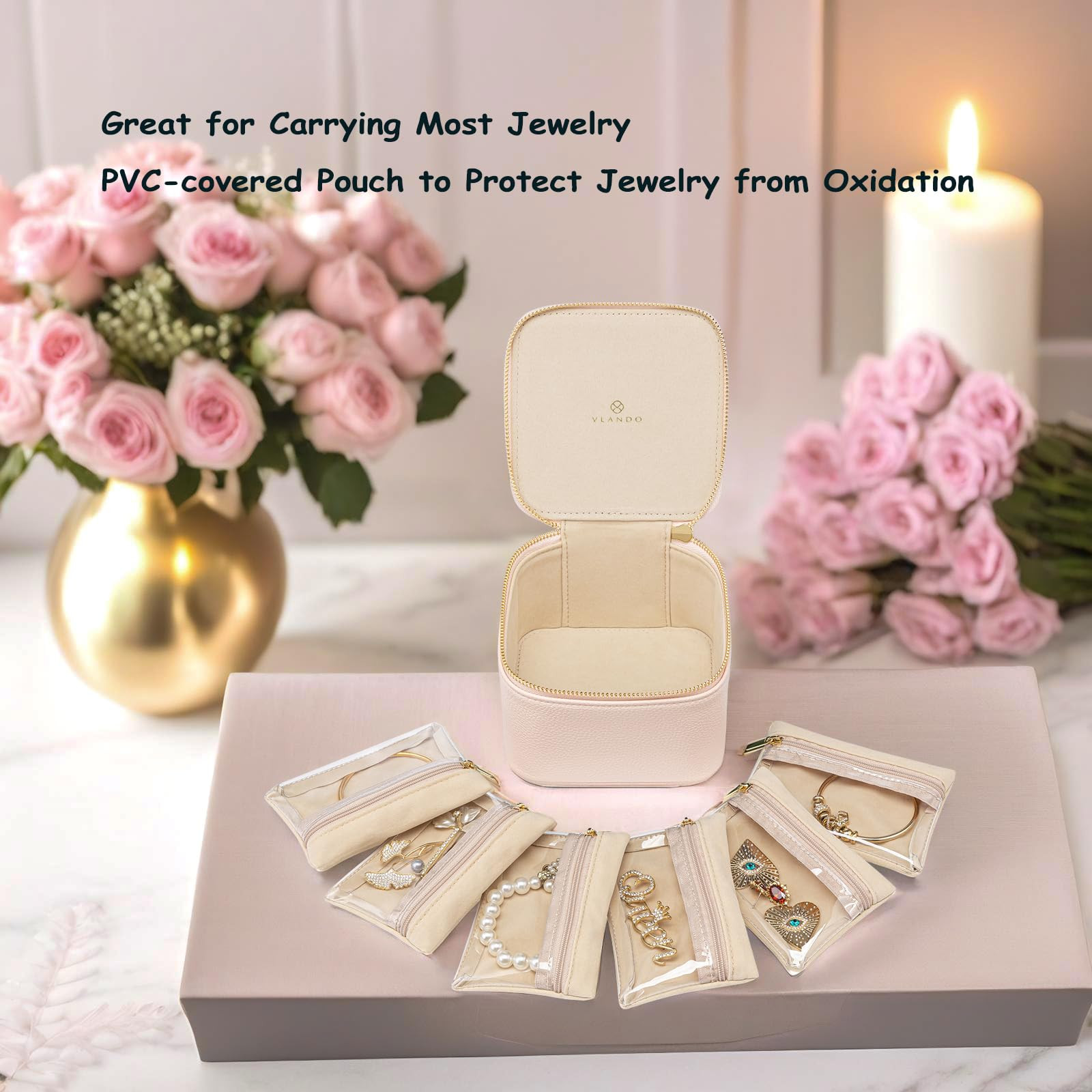 VLANDO Travel Jewelry Box Organizer – Portable PU Leather Jewelry Case with 6/8/12 Zippered Pou... | Amazon (US)