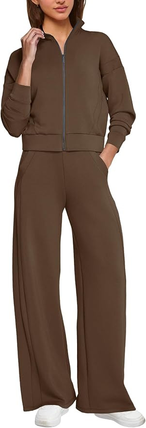 SENSERISE Sweatsuits Women 2 Piece Outfit Zip Up Cropped Sweatshirt Wide Leg Sweatpants 2025 Fall... | Amazon (US)