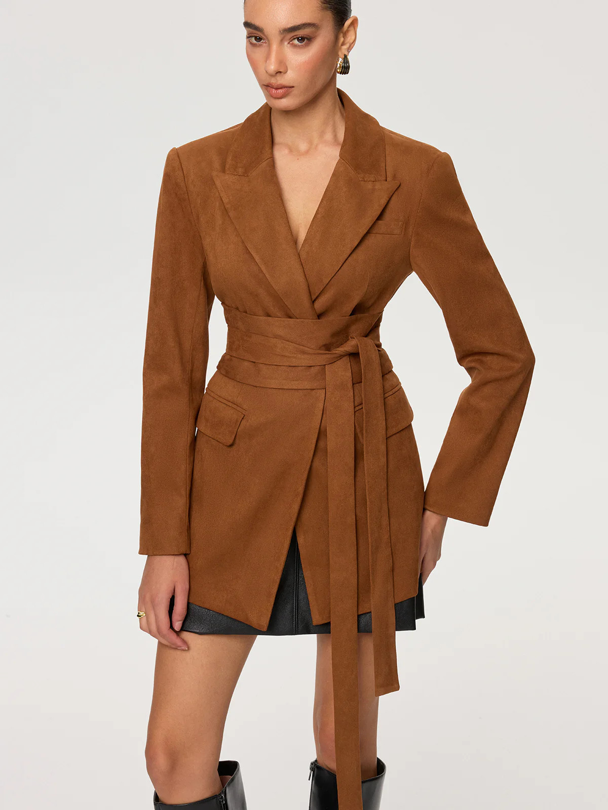 Suede Effect Tie-Waist Blazer | Commense