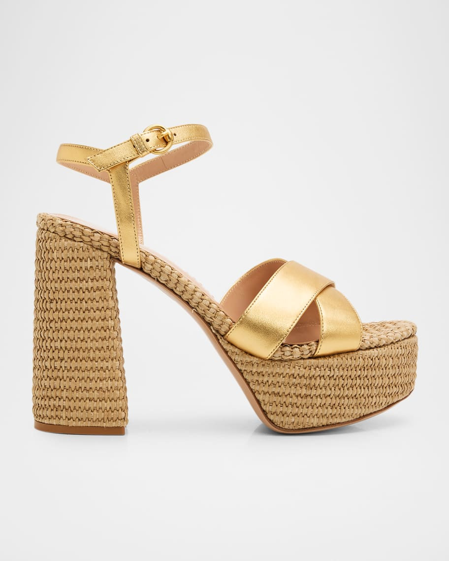 Gianvito Rossi 70mm Bebe Metallic Leather and Raffia Platform Sandals | Neiman Marcus