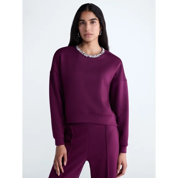 Scoop Women's and Women's Plus Scubaknit Embellished Sweatshirt, Sizes XS-4X | Walmart (US)