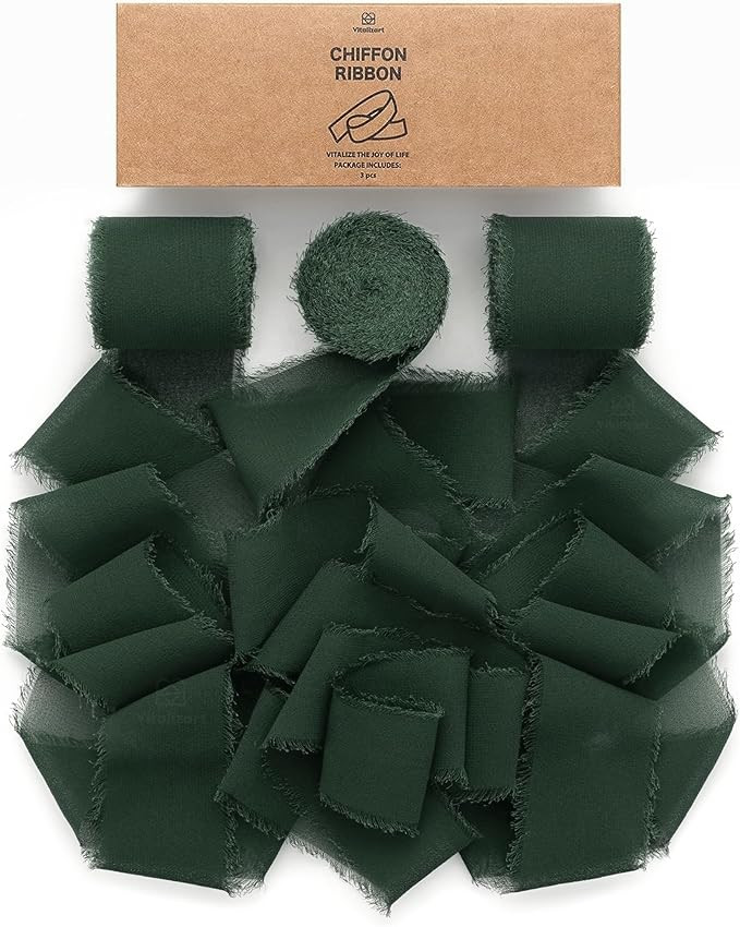 Vitalizart 3 Rolls Handmade Fringe Chiffon Silk Ribbon 1.5" x 7Yd Dark Green Ribbons Set for Wedd... | Amazon (US)
