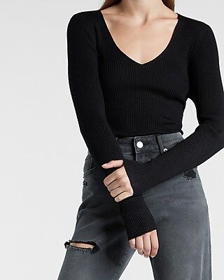 Ribbed Fitted V-Neck Sweater | Express