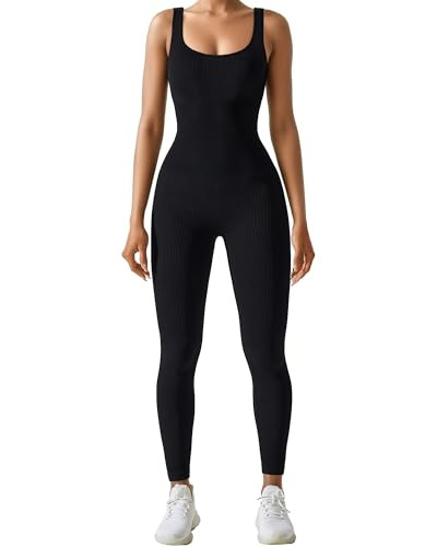AURUZA Jumpsuit for Women Workout Seamless Jumpsuit Yoga Ribbed One Piece Tank Tops Rompers Sleeveless Exercise Tummy Control Jumpsuits Square Neck Leggings Romper，Black，S | Amazon (US)