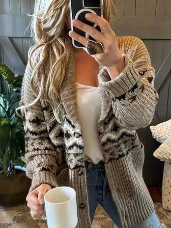 Women's Fashion Casual Long Sleeve Turndown Collar Fair Isle Jacquard Knit Cardigan, Warm Essential For Daily, Holiday, Party Wear In Autumn/Winter | SHEIN