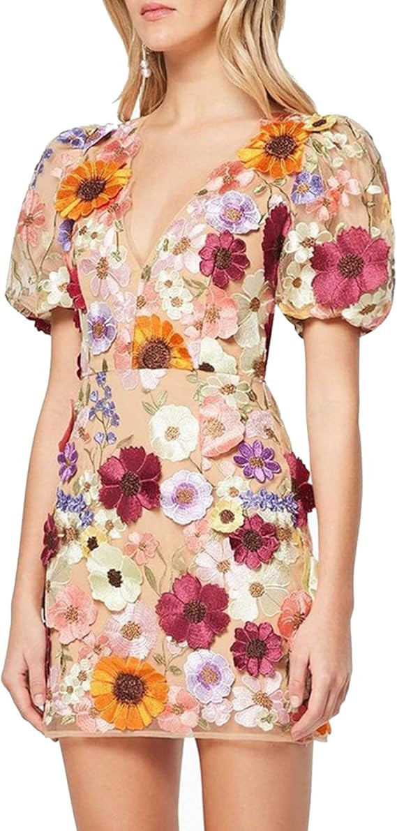 Dresses for Women 2024 3D Floral Embroidery Sheer Mesh Lace Party Cocktail Dress | Amazon (US)