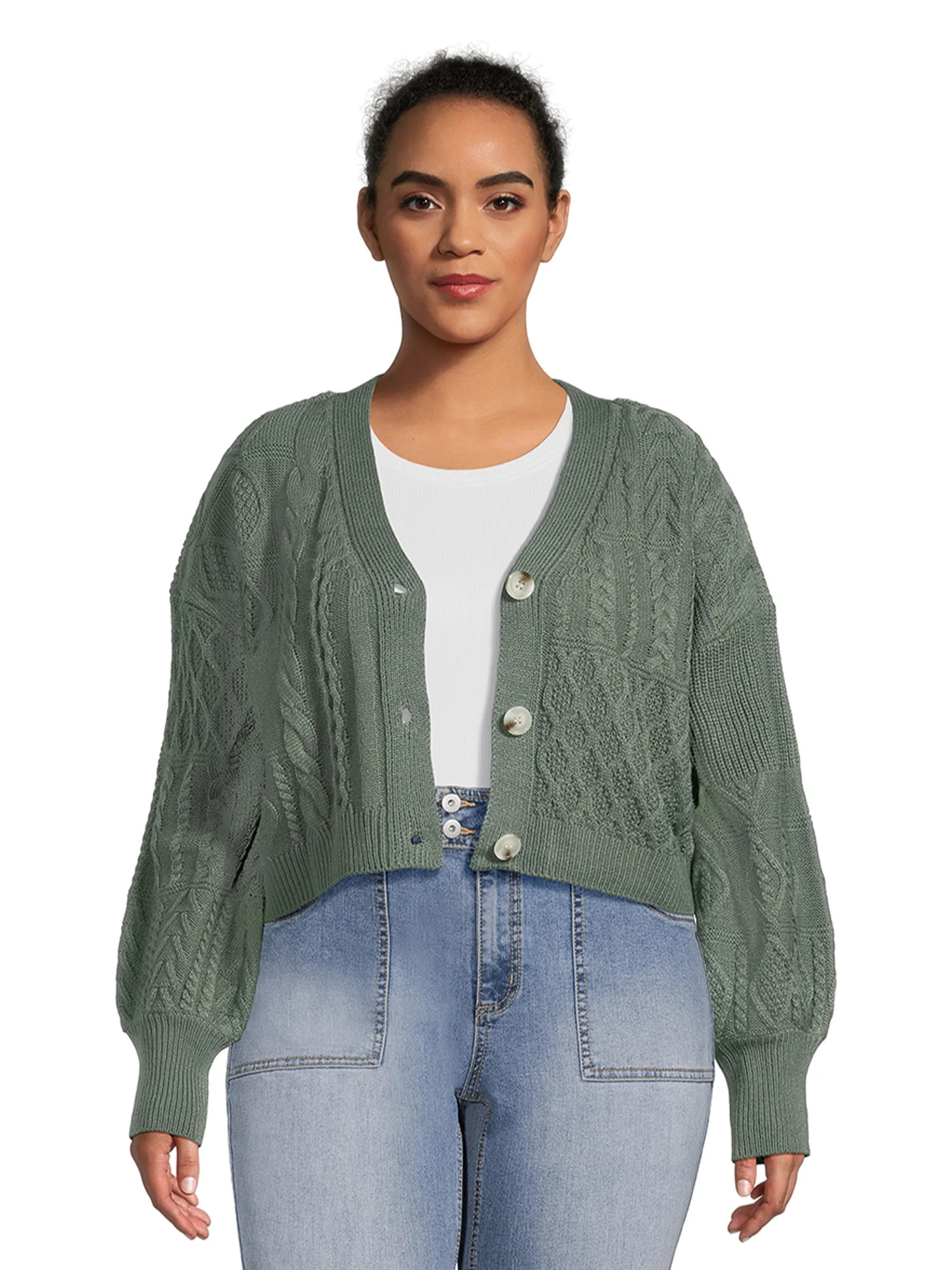 No Boundaries Juniors Plus Size Mixed Knit Cardigan Sweater, Midweight | Walmart (US)