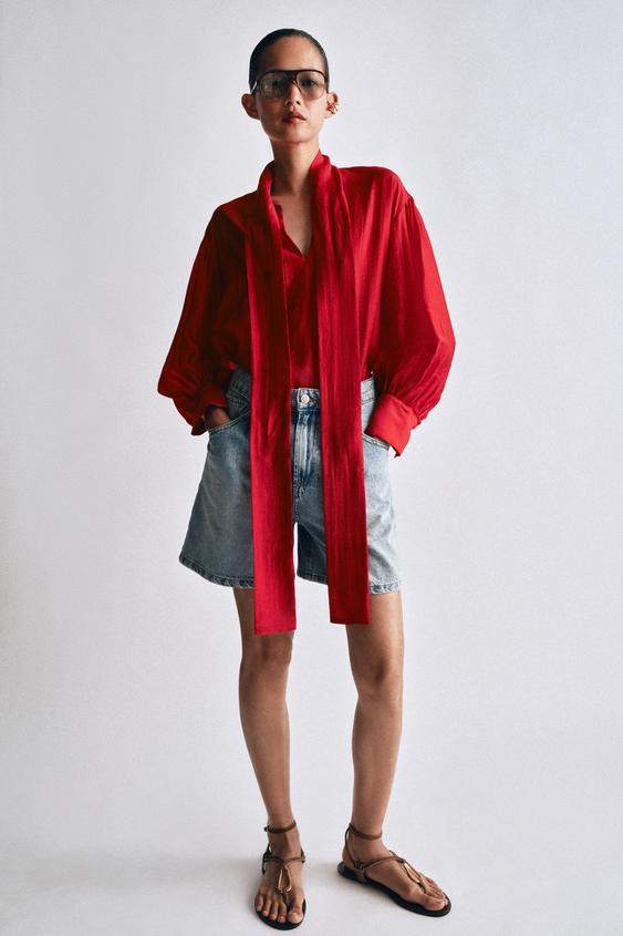 ZW COLLECTION SATIN EFFECT TIE SHIRT | Zara US