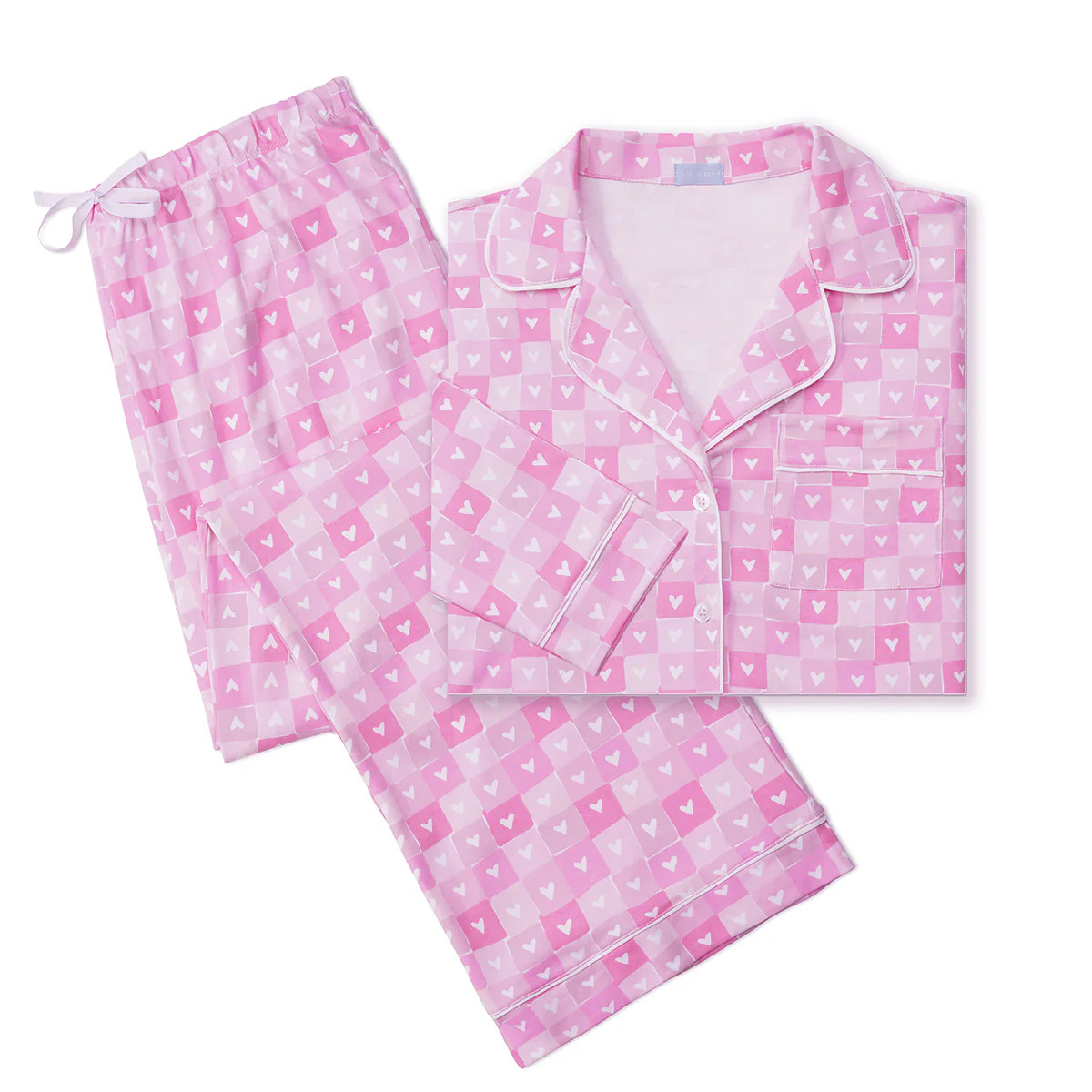 Block Hearts Women’s Button Front Long Pajama Set | Joy Street Kids LLC