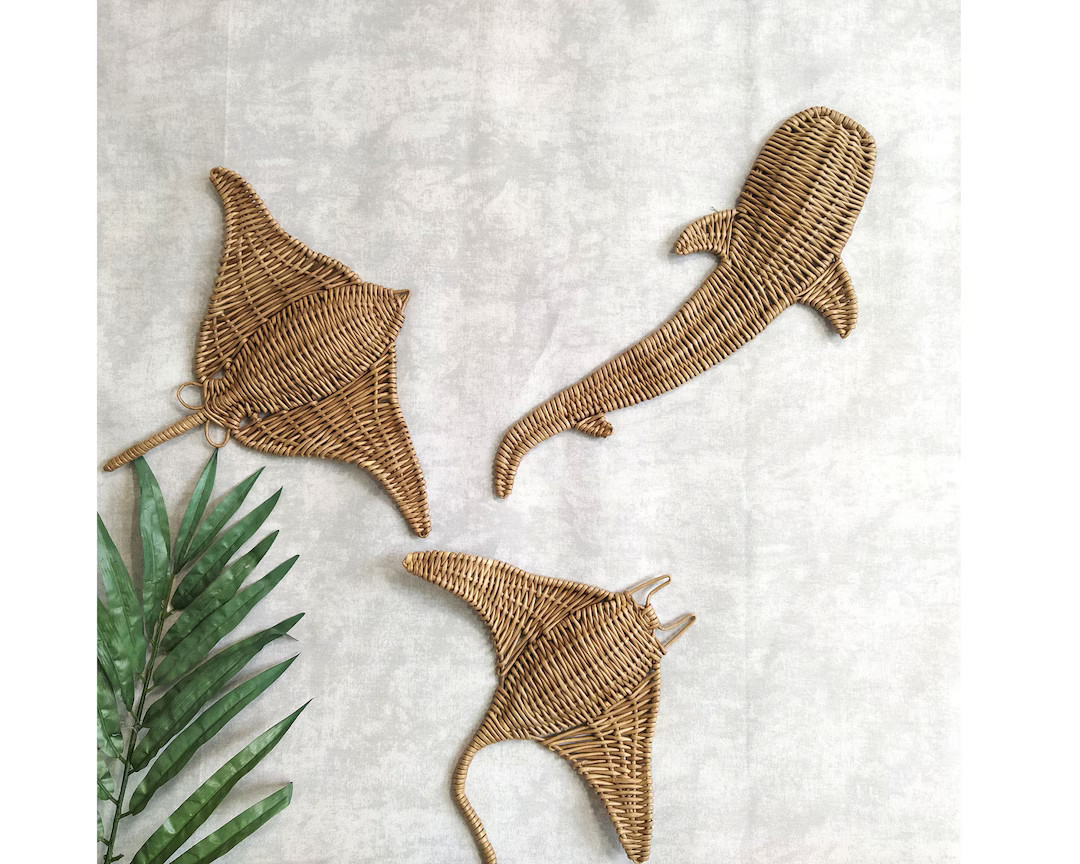 Shark Wicker Hanging Decor, Stingray Decor, Surfboard Wall Decor, Set Underwater World, Wicker Na... | Etsy (US)