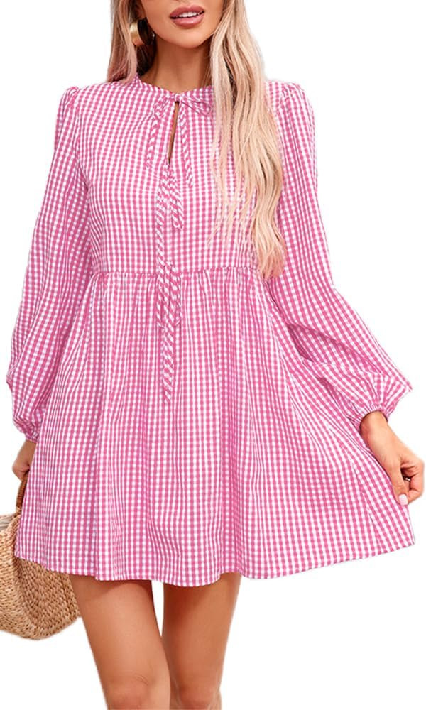 Womens Gingham Dress Cute Long Sleeve Babydoll Flowy Mini Shirt Dress Casual Fall Plaid Clothes w... | Amazon (US)